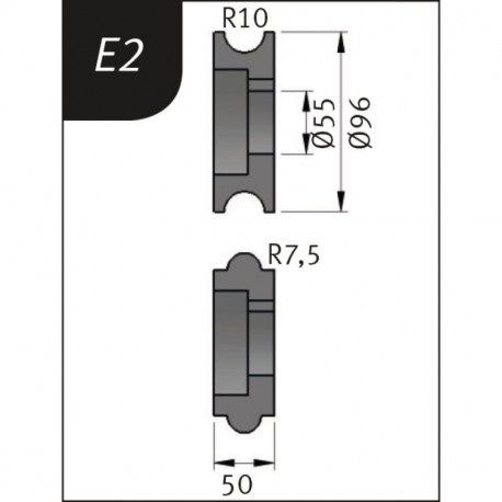 Rolki gnące Typ E2, 96 x 55 x 50 mm, R 10 / 7,5 mm